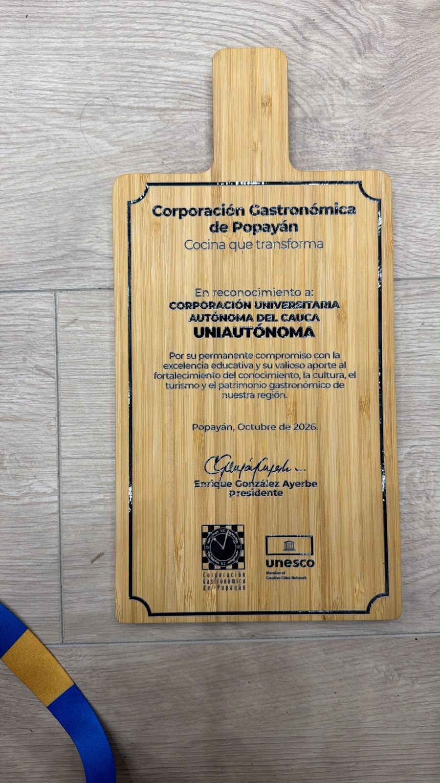 Uniautónoma del Cauca recibe reconocimiento en el Cuarto Congreso Gastronómico de Popayán, en el marco de su Semana Universitaria